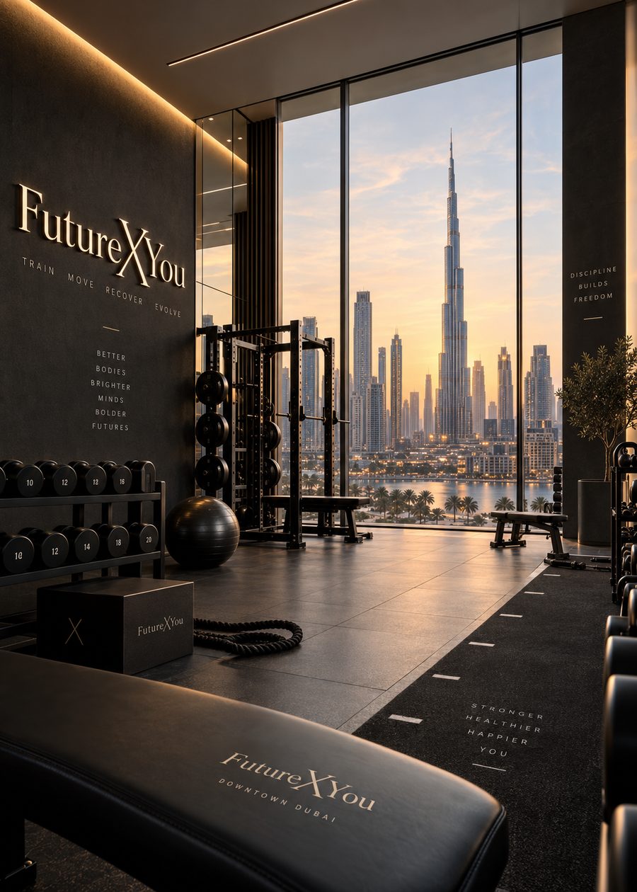 FutureXYou brand visual: a private training space overlooking the Burj Khalifa in Downtown Dubai